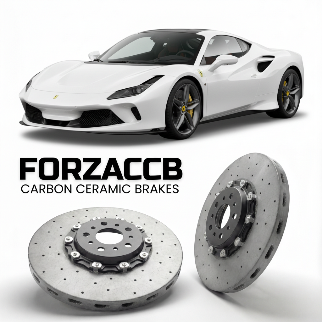 ForzaCCB direct OEM replacement carbon ceramic brake rotors for 2024 and newer Ferrari F80 models, shown with a white Ferrari F80 car.