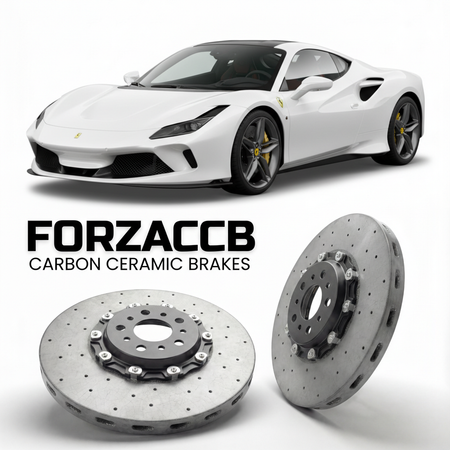 ForzaCCB direct OEM replacement carbon ceramic brake rotors for 2024 and newer Ferrari F80 models, shown with a white Ferrari F80 car.