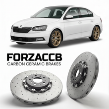 ForzaCCB direct OEM replacement carbon ceramic brake rotors for 2014 to 2021 Skoda Fabia III NJ models, shown with a white Skoda Fabia III car.