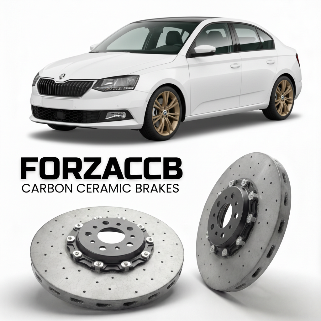 ForzaCCB direct OEM replacement carbon ceramic brake rotors for 2014 to 2021 Skoda Fabia III NJ models, shown with a white Skoda Fabia III car.