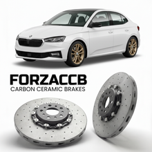 ForzaCCB direct OEM replacement carbon ceramic brake rotors for 2021 and newer Skoda Fabia IV PJ models, shown with a white Skoda Fabia IV car.