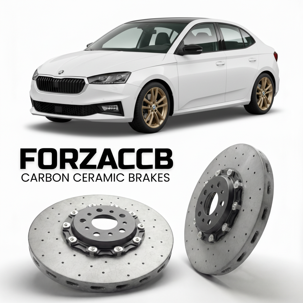 ForzaCCB direct OEM replacement carbon ceramic brake rotors for 2021 and newer Skoda Fabia IV PJ models, shown with a white Skoda Fabia IV car.