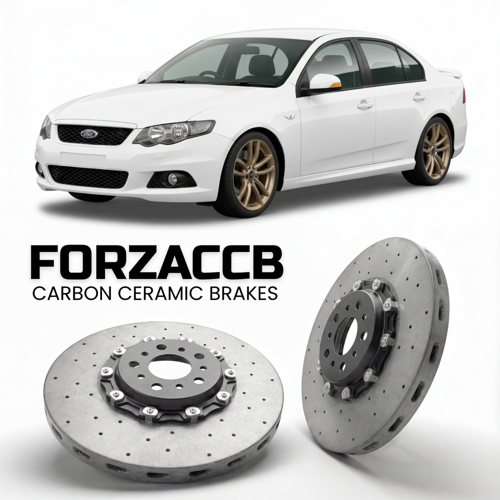 ForzaCCB direct OEM replacement carbon ceramic brake rotors for 2008 to 2011 Ford Falcon FG models, shown with a white Ford Falcon car.
