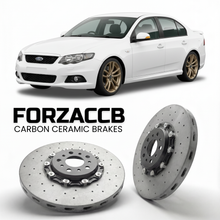 ForzaCCB direct OEM replacement carbon ceramic brake rotors for 2008 to 2011 Ford Falcon FG models, shown with a white Ford Falcon car.