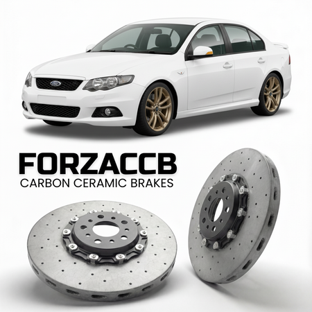 ForzaCCB direct OEM replacement carbon ceramic brake rotors for 2008 to 2011 Ford Falcon FG models, shown with a white Ford Falcon car.
