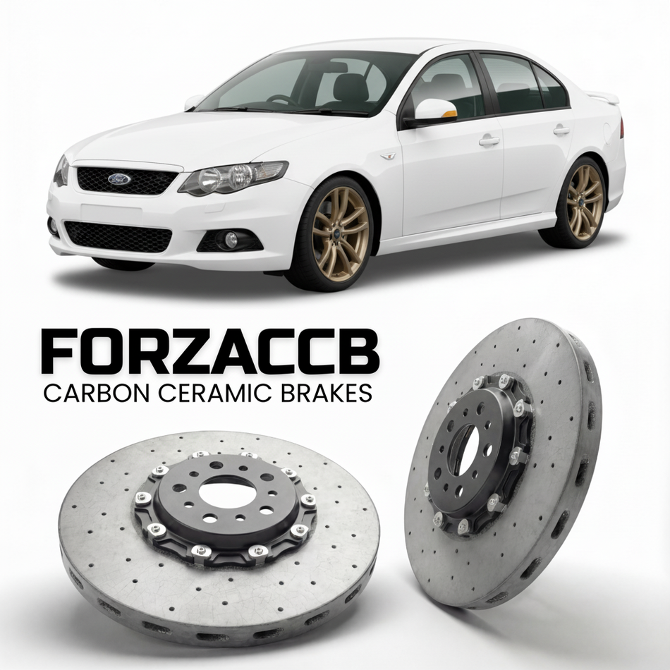 ForzaCCB direct OEM replacement carbon ceramic brake rotors for 2008 to 2011 Ford Falcon FG models, shown with a white Ford Falcon car.