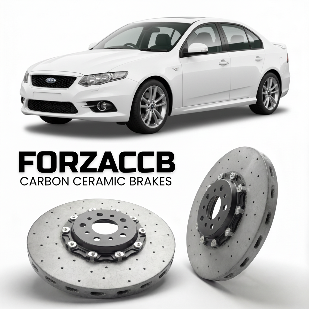 ForzaCCB direct OEM replacement carbon ceramic brake rotors for 2011 to 2014 Ford Falcon FG, facelift 2011 models, shown with a white Ford Falcon car.