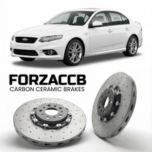 ForzaCCB direct OEM replacement carbon ceramic brake rotors for 2011 to 2014 Ford Falcon FG, facelift 2011 models, shown with a white Ford Falcon car.