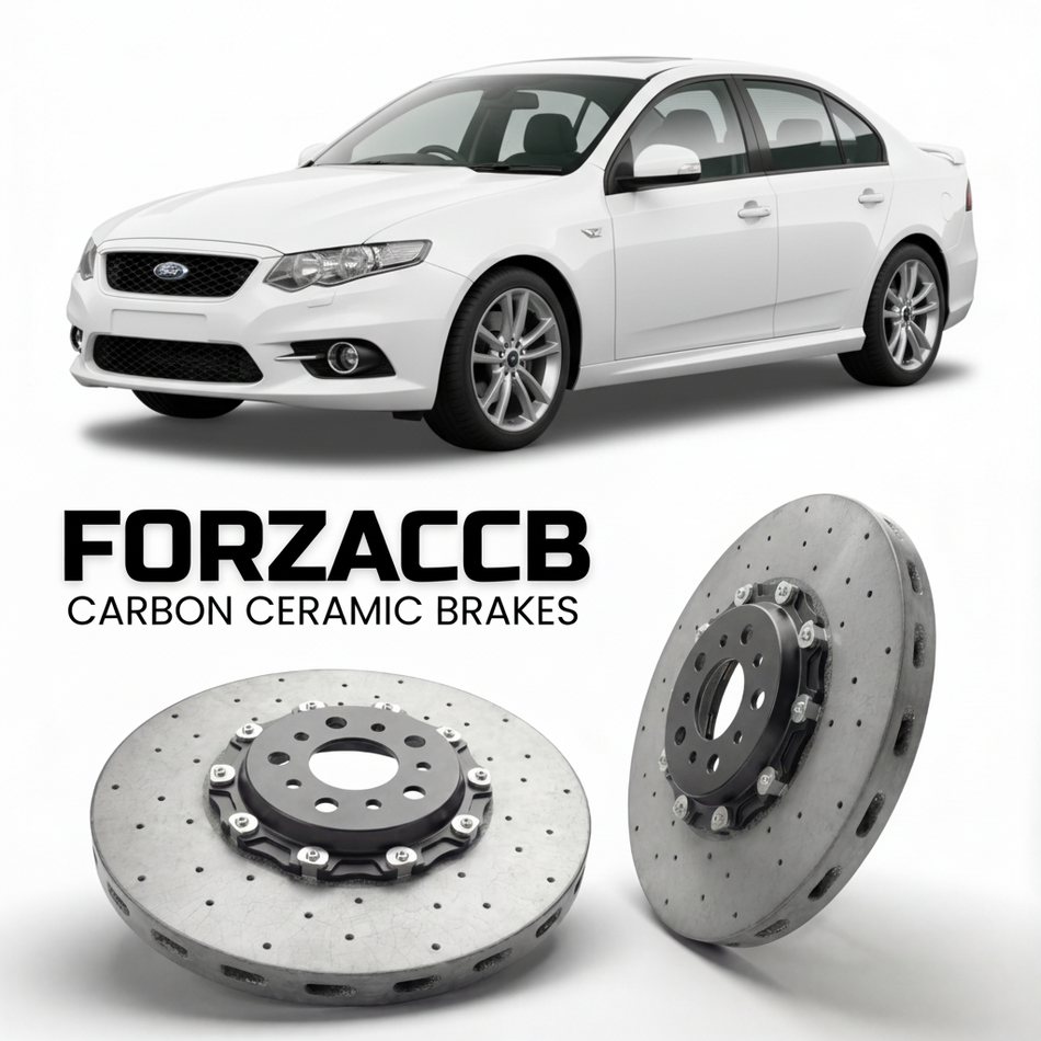 ForzaCCB direct OEM replacement carbon ceramic brake rotors for 2011 to 2014 Ford Falcon FG, facelift 2011 models, shown with a white Ford Falcon car.
