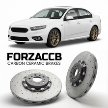 ForzaCCB direct OEM replacement carbon ceramic brake rotors for 2014 to 2016 Ford Falcon FG X models, shown with a white Ford Falcon car.
