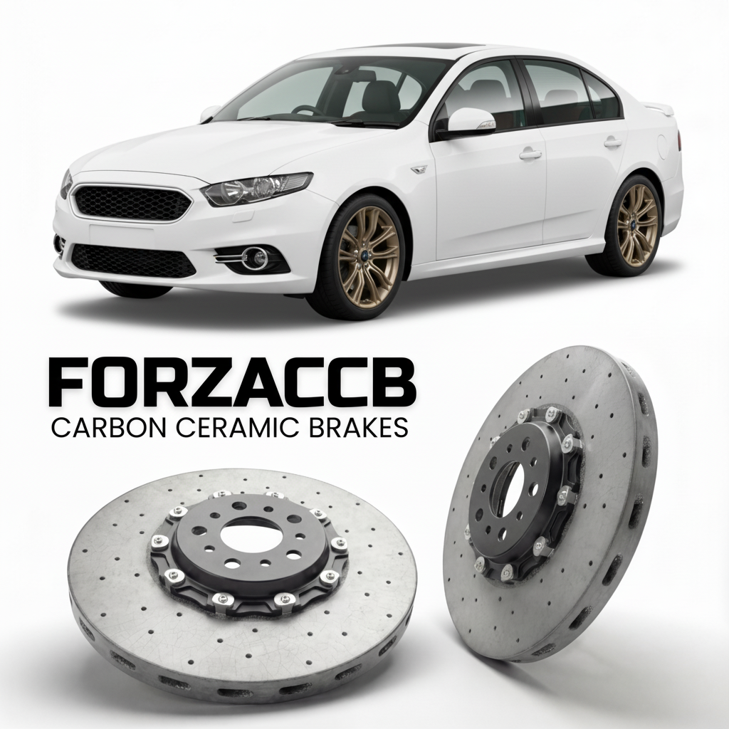 ForzaCCB direct OEM replacement carbon ceramic brake rotors for 2014 to 2016 Ford Falcon FG X models, shown with a white Ford Falcon car.
