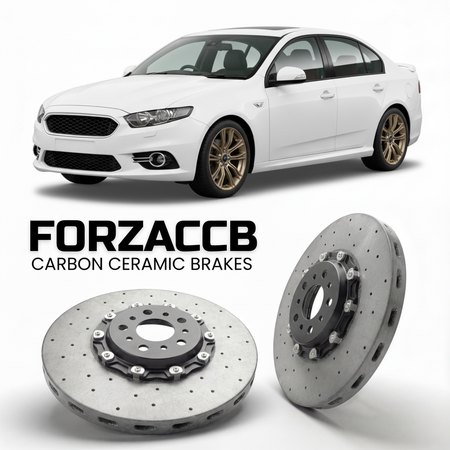 ForzaCCB direct OEM replacement carbon ceramic brake rotors for 2014 to 2016 Ford Falcon FG X models, shown with a white Ford Falcon car.