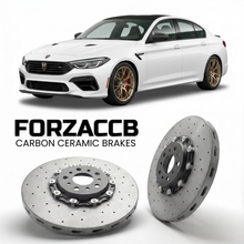 ForzaCCB direct OEM replacement carbon ceramic brake rotors for 2023 and newer Abarth Fastback models, shown with a white Abarth Fastback car.