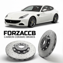 ForzaCCB direct OEM replacement carbon ceramic brake rotors for 2011 to 2016 Ferrari FF models, shown with a white Ferrari FF car.
