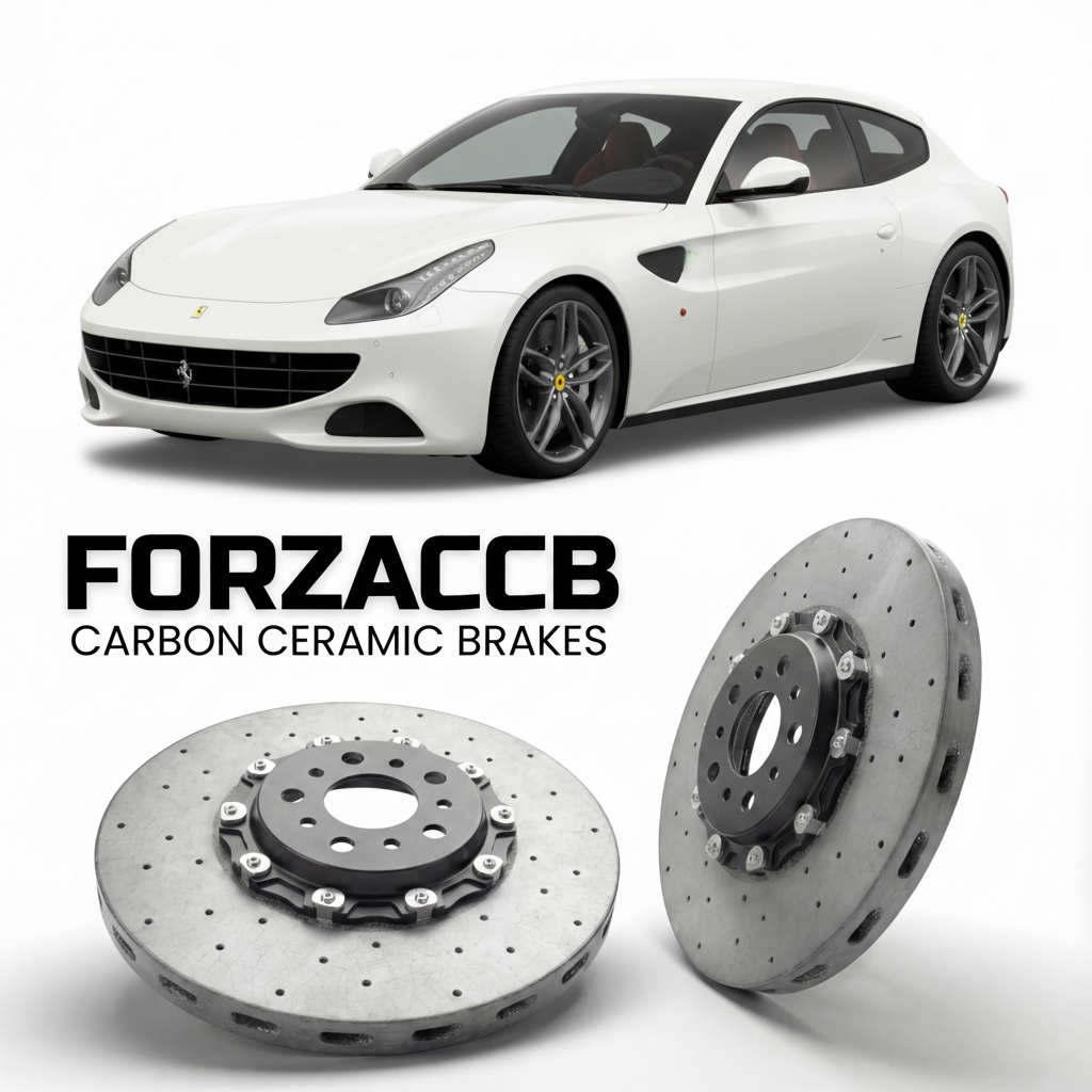 ForzaCCB direct OEM replacement carbon ceramic brake rotors for 2011 to 2016 Ferrari FF models, shown with a white Ferrari FF car.