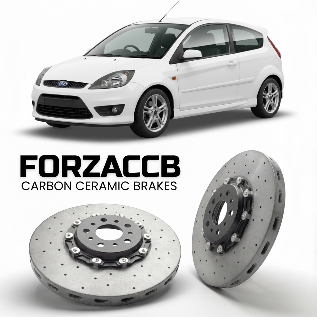 ForzaCCB direct OEM replacement carbon ceramic brake rotors for 2005-2005 3 door) Ford Fiesta VI (Mk6 models, shown with a white Ford Fiesta car.
