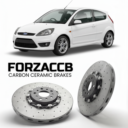 ForzaCCB direct OEM replacement carbon ceramic brake rotors for 2005-2005 3 door) Ford Fiesta VI (Mk6 models, shown with a white Ford Fiesta car.