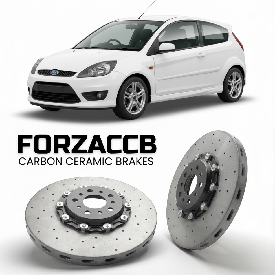 ForzaCCB direct OEM replacement carbon ceramic brake rotors for 2005-2005 3 door) Ford Fiesta VI (Mk6 models, shown with a white Ford Fiesta car.