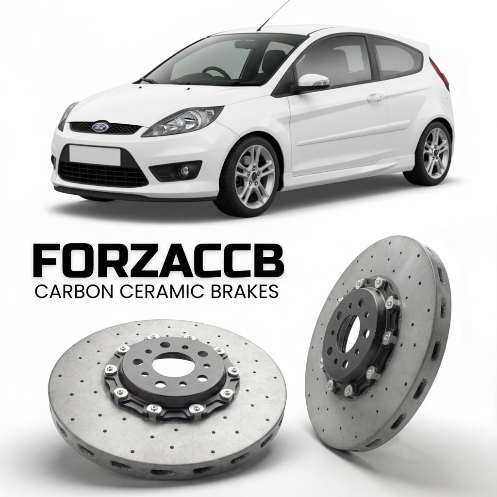 ForzaCCB direct OEM replacement carbon ceramic brake rotors for 2005-2008 3 door) Ford Fiesta VI (Mk6, facelift 2005 models, shown with a white Ford Fiesta car.