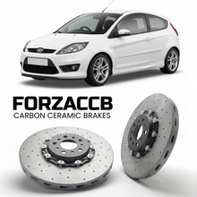 ForzaCCB direct OEM replacement carbon ceramic brake rotors for 2005-2008 3 door) Ford Fiesta VI (Mk6, facelift 2005 models, shown with a white Ford Fiesta car.