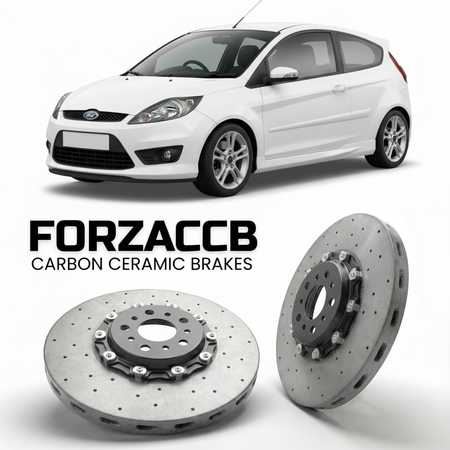ForzaCCB direct OEM replacement carbon ceramic brake rotors for 2005-2008 3 door) Ford Fiesta VI (Mk6, facelift 2005 models, shown with a white Ford Fiesta car.