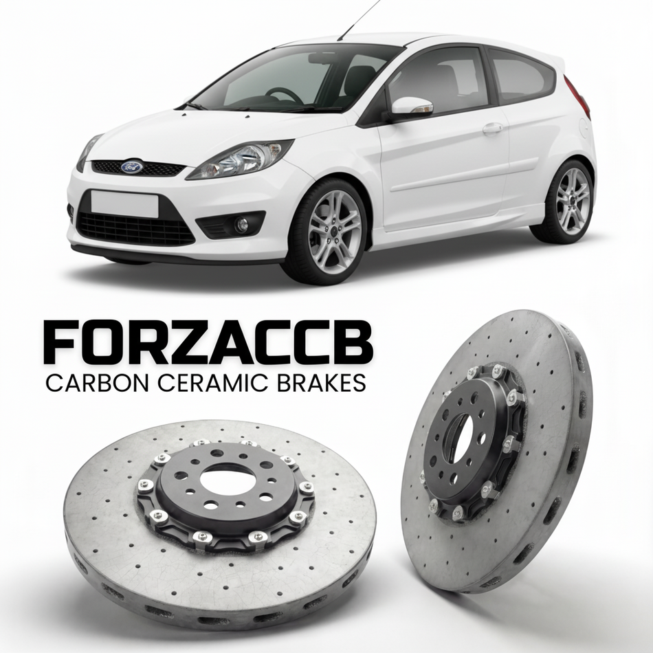 ForzaCCB direct OEM replacement carbon ceramic brake rotors for 2005-2008 3 door) Ford Fiesta VI (Mk6, facelift 2005 models, shown with a white Ford Fiesta car.