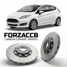 ForzaCCB direct OEM replacement carbon ceramic brake rotors for 2008-2012 3 door) Ford Fiesta VII (Mk7 models, shown with a white Ford Fiesta car.