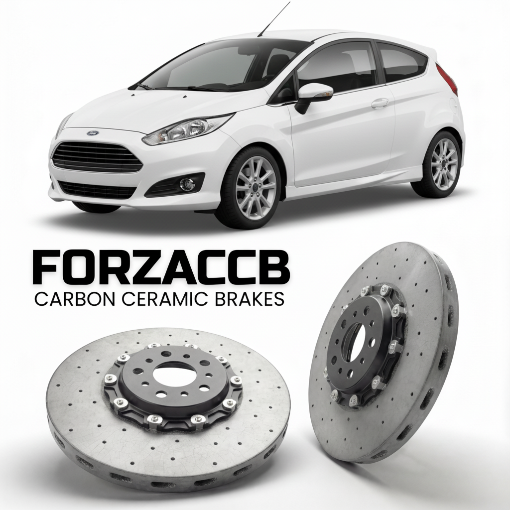 ForzaCCB direct OEM replacement carbon ceramic brake rotors for 2008-2012 3 door) Ford Fiesta VII (Mk7 models, shown with a white Ford Fiesta car.