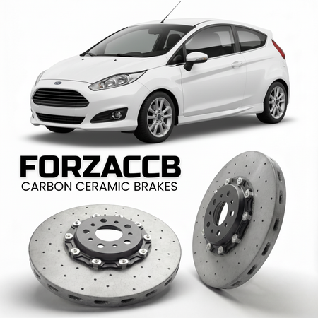 ForzaCCB direct OEM replacement carbon ceramic brake rotors for 2008-2012 3 door) Ford Fiesta VII (Mk7 models, shown with a white Ford Fiesta car.