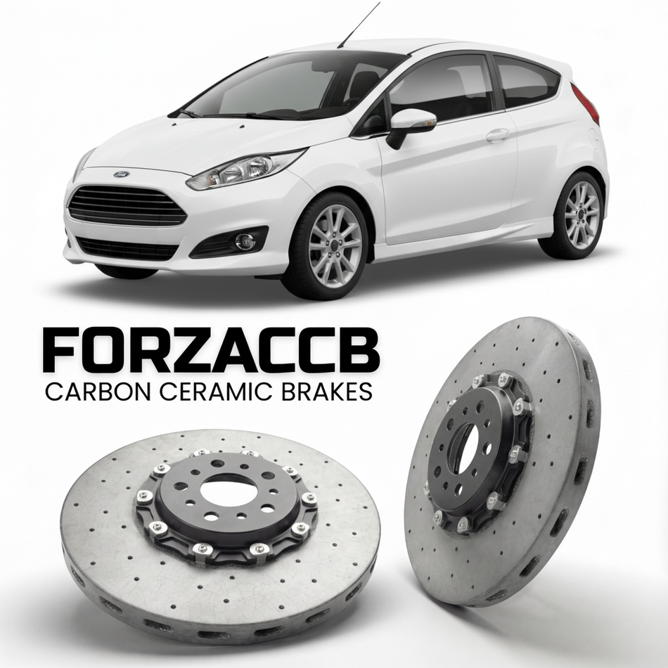 ForzaCCB direct OEM replacement carbon ceramic brake rotors for 2008-2012 3 door) Ford Fiesta VII (Mk7 models, shown with a white Ford Fiesta car.