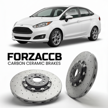 ForzaCCB direct OEM replacement carbon ceramic brake rotors for 2009-2013) Ford Fiesta VII Sedan (Mk7 models, shown with a white Ford Fiesta car.