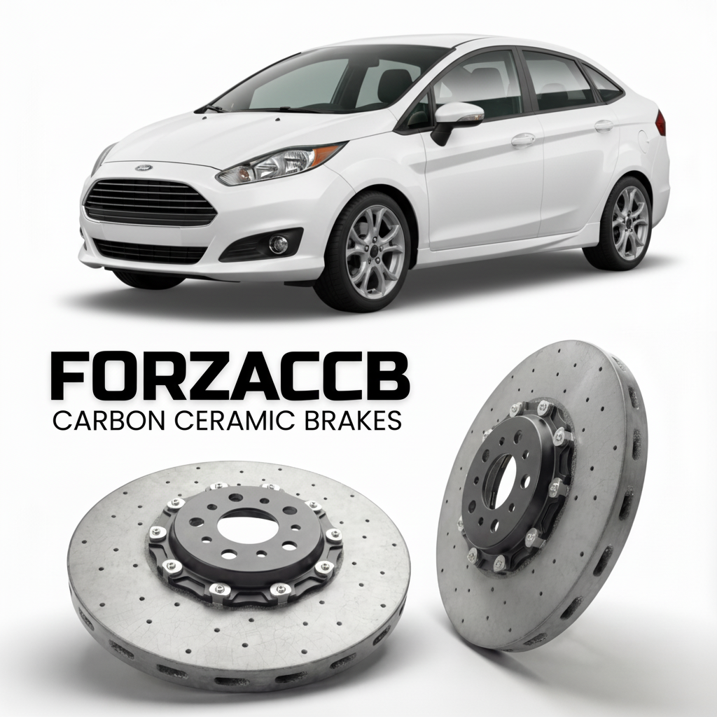 ForzaCCB direct OEM replacement carbon ceramic brake rotors for 2009-2013) Ford Fiesta VII Sedan (Mk7 models, shown with a white Ford Fiesta car.