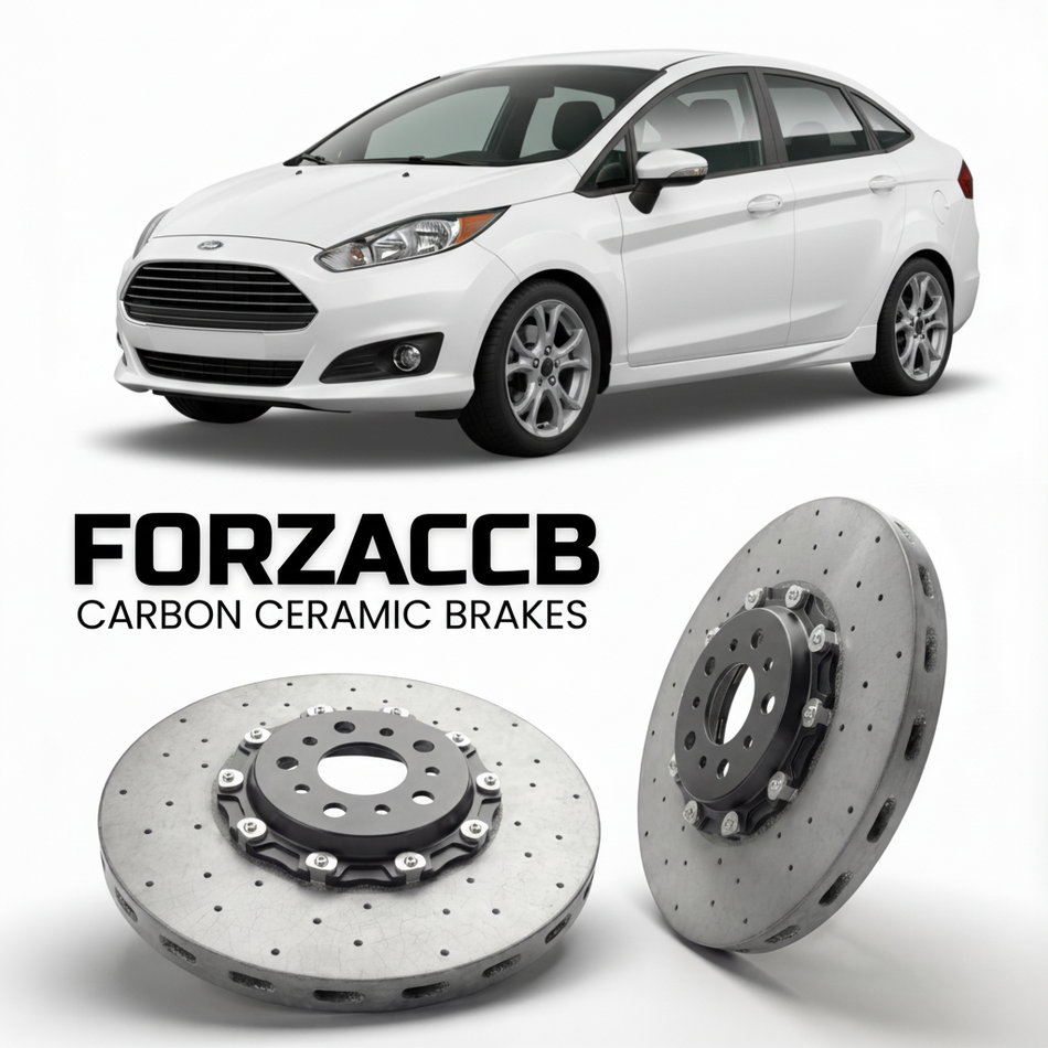 ForzaCCB direct OEM replacement carbon ceramic brake rotors for 2009-2013) Ford Fiesta VII Sedan (Mk7 models, shown with a white Ford Fiesta car.