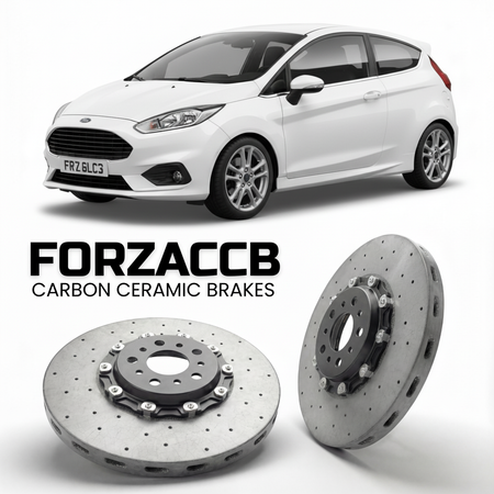 ForzaCCB direct OEM replacement carbon ceramic brake rotors for 2012-2017 3 door) Ford Fiesta VII (Mk7, facelift 2012 models, shown with a white Ford Fiesta car.