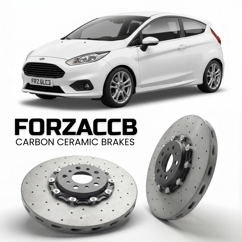 ForzaCCB direct OEM replacement carbon ceramic brake rotors for 2012-2017 3 door) Ford Fiesta VII (Mk7, facelift 2012 models, shown with a white Ford Fiesta car.