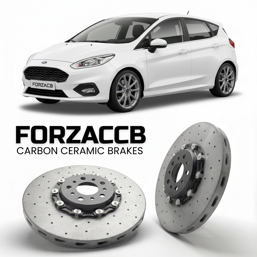 ForzaCCB direct OEM replacement carbon ceramic brake rotors for 2012-2019 5 door) Ford Fiesta VII (Mk7, facelift 2012 models, shown with a white Ford Fiesta car.