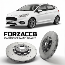 ForzaCCB direct OEM replacement carbon ceramic brake rotors for 2012-2019 5 door) Ford Fiesta VII (Mk7, facelift 2012 models, shown with a white Ford Fiesta car.