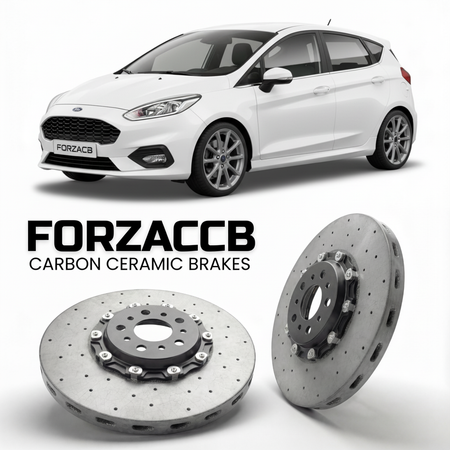 ForzaCCB direct OEM replacement carbon ceramic brake rotors for 2012-2019 5 door) Ford Fiesta VII (Mk7, facelift 2012 models, shown with a white Ford Fiesta car.