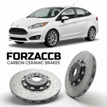 ForzaCCB direct OEM replacement carbon ceramic brake rotors for 2013-2019) Ford Fiesta VII Sedan (Mk7, facelift 2013 models, shown with a white Ford Fiesta car.