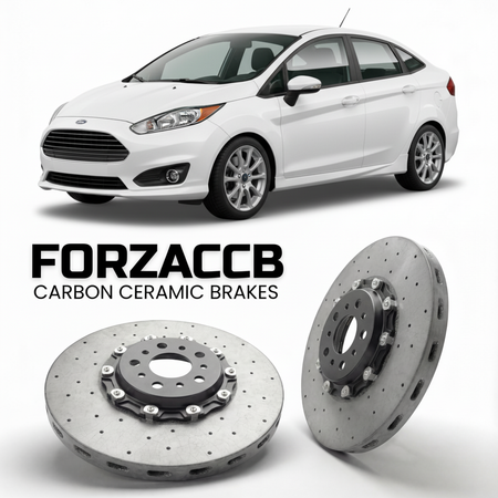 ForzaCCB direct OEM replacement carbon ceramic brake rotors for 2013-2019) Ford Fiesta VII Sedan (Mk7, facelift 2013 models, shown with a white Ford Fiesta car.