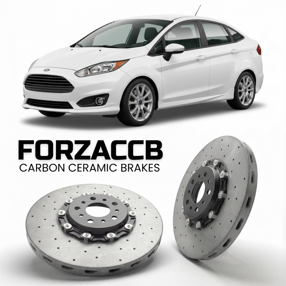 ForzaCCB direct OEM replacement carbon ceramic brake rotors for 2013-2019) Ford Fiesta VII Sedan (Mk7, facelift 2013 models, shown with a white Ford Fiesta car.