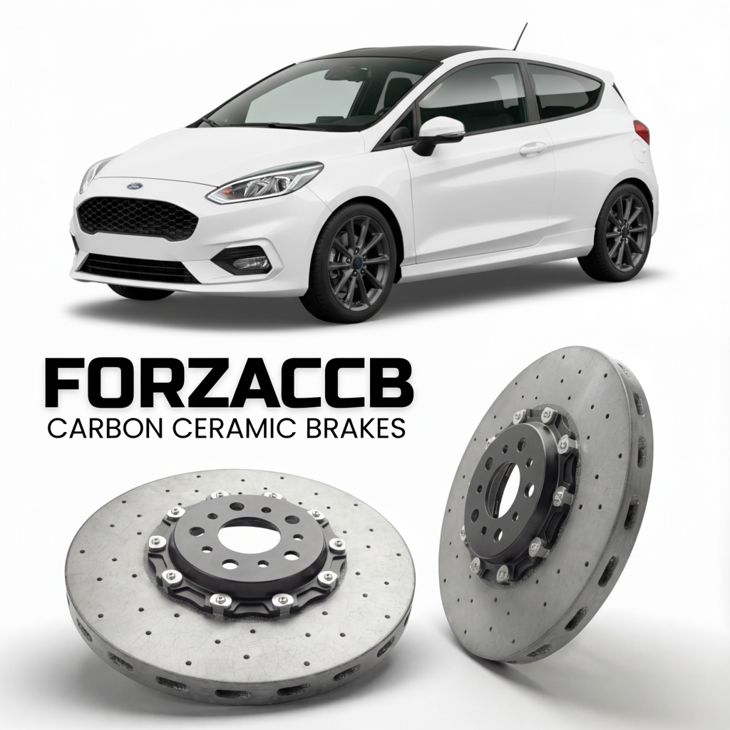 ForzaCCB direct OEM replacement carbon ceramic brake rotors for 2017-2021 3 door) Ford Fiesta VIII (Mk8 models, shown with a white Ford Fiesta car.
