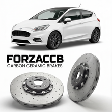 ForzaCCB direct OEM replacement carbon ceramic brake rotors for 2017-2021 3 door) Ford Fiesta VIII (Mk8 models, shown with a white Ford Fiesta car.