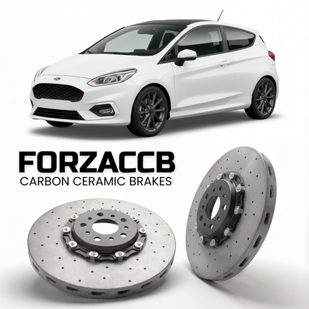 ForzaCCB direct OEM replacement carbon ceramic brake rotors for 2017-2021 3 door) Ford Fiesta VIII (Mk8 models, shown with a white Ford Fiesta car.