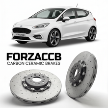 ForzaCCB direct OEM replacement carbon ceramic brake rotors for 2018-2021) Ford Fiesta Active VIII (Mk8 models, shown with a white Ford Fiesta car.
