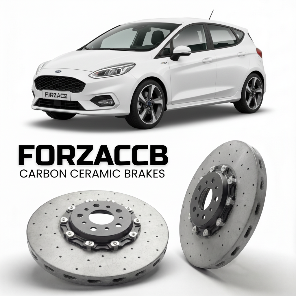 ForzaCCB direct OEM replacement carbon ceramic brake rotors for 2018-2021) Ford Fiesta Active VIII (Mk8 models, shown with a white Ford Fiesta car.