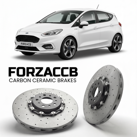 ForzaCCB direct OEM replacement carbon ceramic brake rotors for 2018-2021) Ford Fiesta Active VIII (Mk8 models, shown with a white Ford Fiesta car.