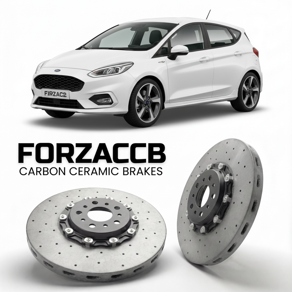 ForzaCCB direct OEM replacement carbon ceramic brake rotors for 2018-2021) Ford Fiesta Active VIII (Mk8 models, shown with a white Ford Fiesta car.