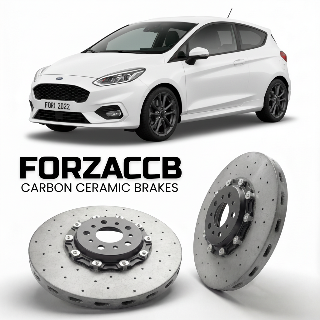 ForzaCCB direct OEM replacement carbon ceramic brake rotors for 2021-2022 3 door) Ford Fiesta VIII (Mk8, facelift 2022 models, shown with a white Ford Fiesta car.