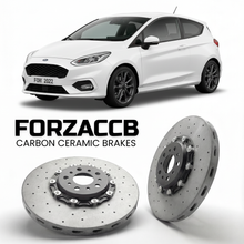 ForzaCCB direct OEM replacement carbon ceramic brake rotors for 2021-2022 3 door) Ford Fiesta VIII (Mk8, facelift 2022 models, shown with a white Ford Fiesta car.